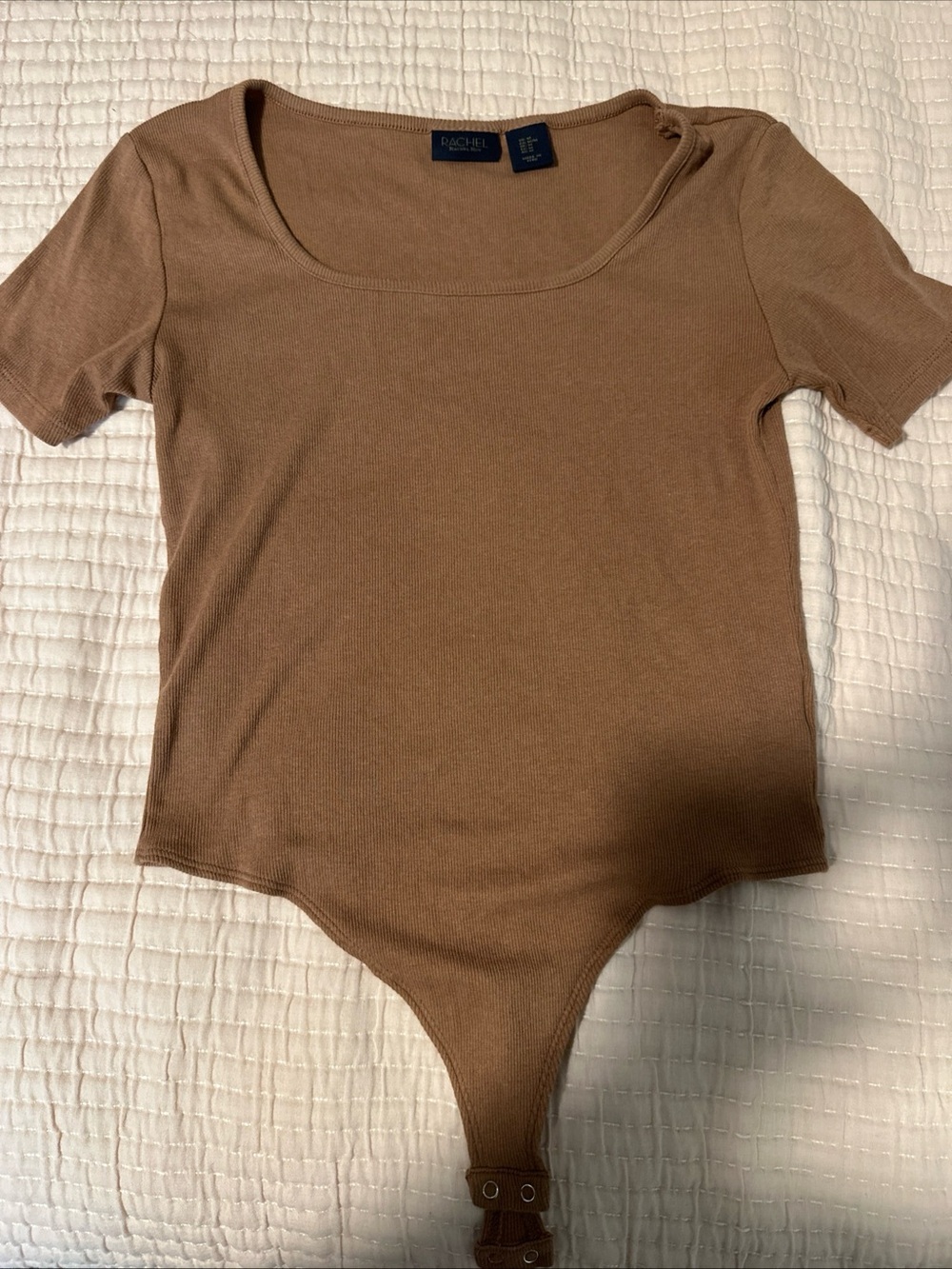 RACHEL Rachel Roy Ribbed Scoop Neck Short Sleeve Bodysuit - Tan